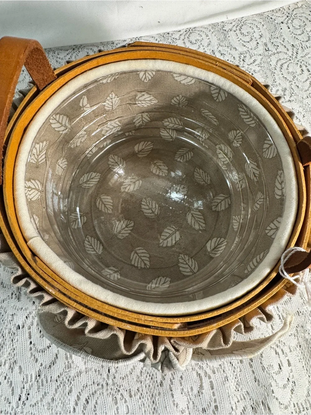 1997 Longaberger Round Woven Basket With Grey Botanical Liner and Plastic Liner